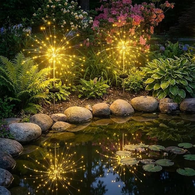 Solar Firework Lights Outdoor, Adjustable 32" to 51" Extra Tall, 200 LED Stainless Steel 3-Section Pole, 8 Modes Waterproof Starburst Garden Lights for Yard Pathway Walkway Decor(Warm White 2 Pack)