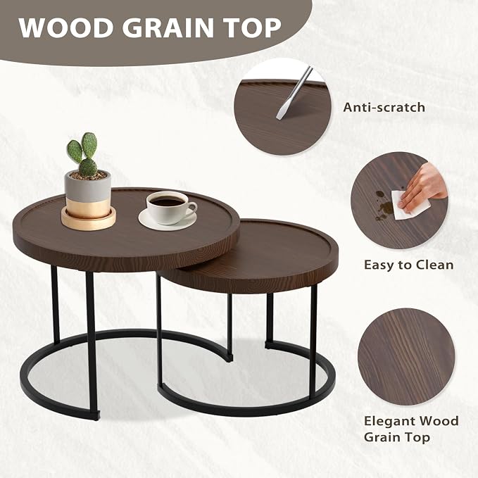 EAGLE PEAK Sunset Dune Collection Round Modern Nesting Coffee Tables, Wood Grain Top Stacking Accent Tables, Matching Ottoman, Indoor Outdoor, Set of 3, Brown