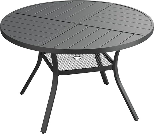 VICLLAX 40.6" Round Patio Dining Table for 4, All Weather Metal Outdoor Table with 1.57" Umbrella Hole and Storage Shelf for Garden Lawn Deck, Black