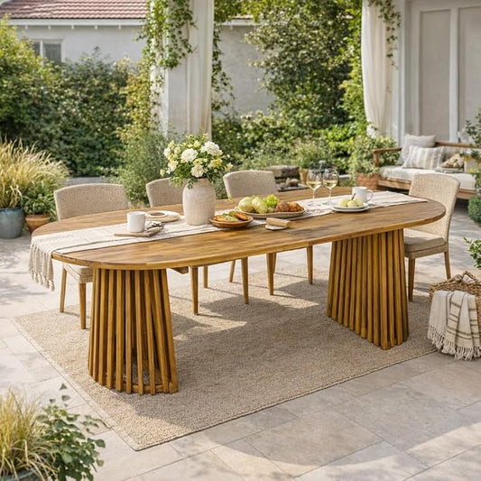 Christopher Knight Home 83" Oval Dining Table with Racetrack Top, Outdoor Acacia Wood Dining Table for 6-8, Large Garden Dining Furniture, Slatted Pedestal Outdoor Furniture, Teak