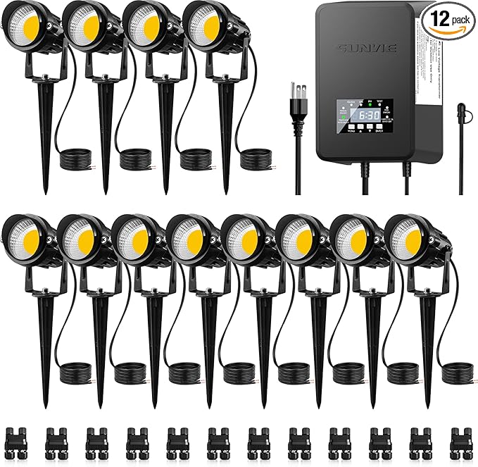 SUNVIE Low Voltage Landscape Lights with 300W Transformer, 12PCS | 12-24V LED Landscape Lighting Kit 3000K Waterproof Aluminum Landscape Spotlights with Connectors for House Yard Tree Garden