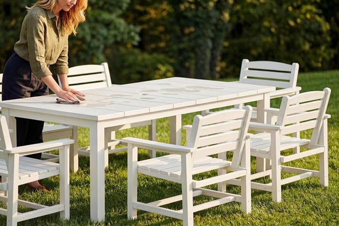 Perli™ 7-Piece Outdoor Dining Set, All-Weather HDPE Patio Furniture with 6 Ergonomic Chairs & Large Table, Built-in Umbrella Hole, UV-Resistant Set for Backyard, Deck, Poolside, White