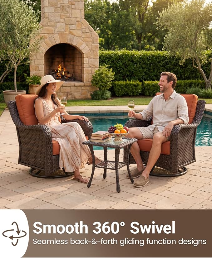 7 Pieces Outdoor Furniture Set with 6-inch Cushions, High Back Wicker Swivel Rocker Chairs with Fire Pit Table, Luxury Conversation Set for Deck Patio and Poolside