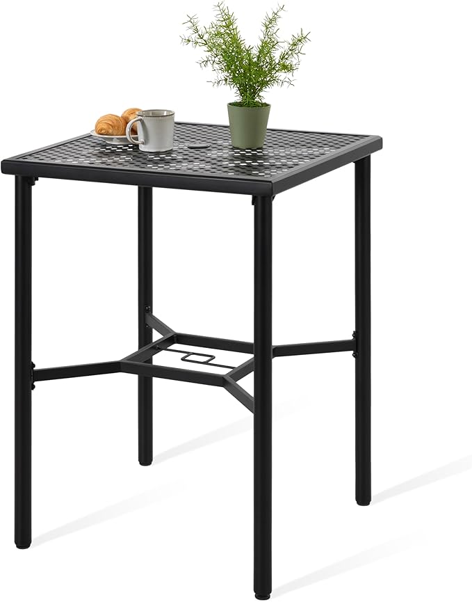 NUU GARDEN 28" Square Outdoor Bar Table with Umbrella Hole, Metal Patio Bistro Table for Garden, Lawn, Poolside – Black with Gold Speckles