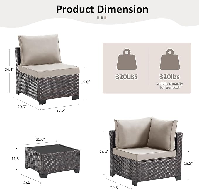 ANJ 5 Piece Outdoor Wicker Patio Furniture Set, Modular Loveseat Sofa with with Glass Top Coffee Table, All-Weather Rattan Conversation Couch Set for Balcony, Backyard, Dark Brown Wicker-Grey