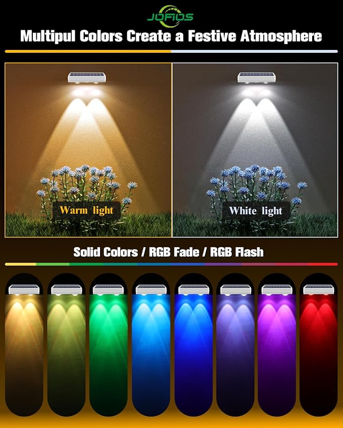 JOFIOS Solar Fence Lights 8 Pack, 50 Lumens Outdoor Fence Solar Lights with 12 Modes RGB Color Glow LED Solar Lights Outdoor Waterproof for Patio, Backyard, Deck, Fence, Railing. （White Shell）