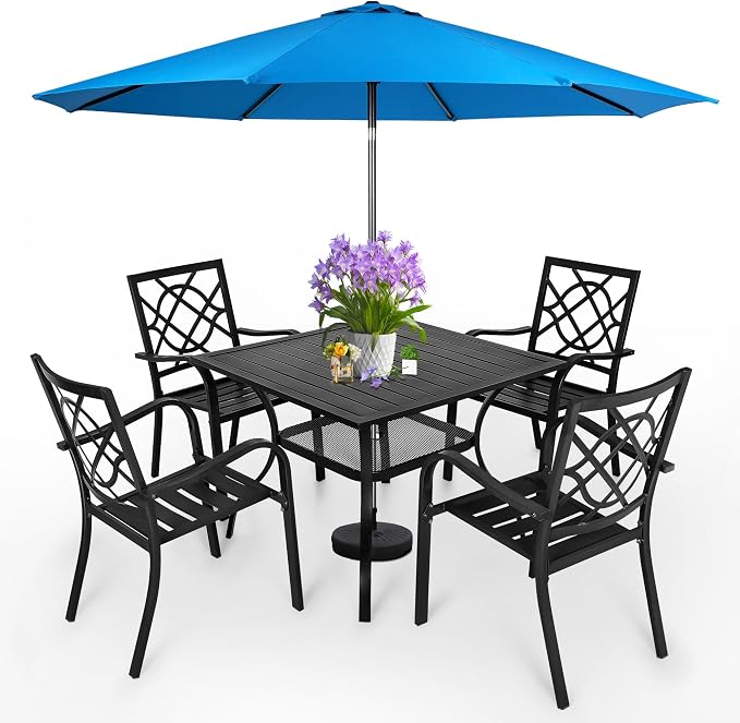 SUNCROWN 6-Piece Outdoor Wrought Iron Chairs and Table Patio Dining Furniture Set - 4 Stackable Metal Chairs, 1 Steel Slat Bistro Table and 1 Sky Blue 9Ft Patio Umbrella for Garden Backyard Deck