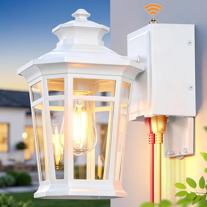 Gleamz Large Porch Lights Outdoor with GFCI Outlet, White Exterior Lighting Fixtures with Dusk to Dawn Sensor, Front Porch Light Wall Mount, Patio Wall Light Fixture for Garden Front Door Coach