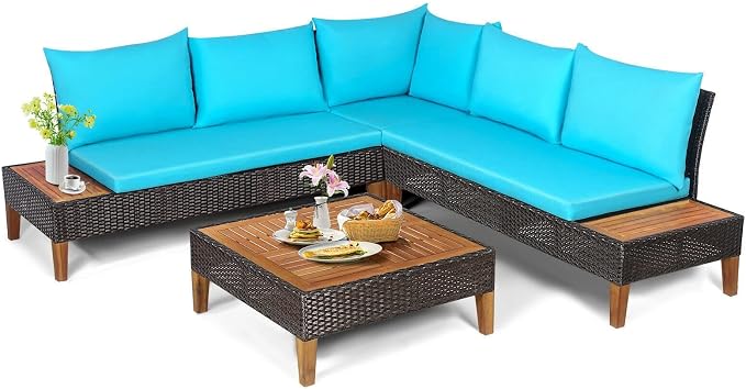 4 Pieces Patio Rattan Furniture Set Modular Patio Furniture Set Sectional Wicker Sofa Set Cushioned Loveseat with Wooden Side Table