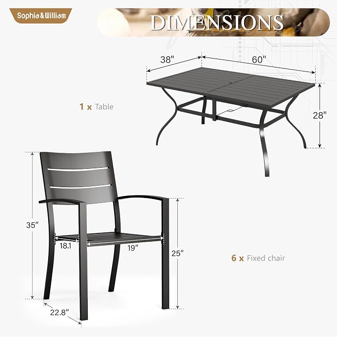 Sophia & William Patio Dining Set Metal Outdoor Table and Chairs Furniture Set 7 Piece, Large 60.2" Dining Table with Umbrella Hole and 6 Backyard Garden Chairs Support 300LBS for Deck, Lawn, Garden
