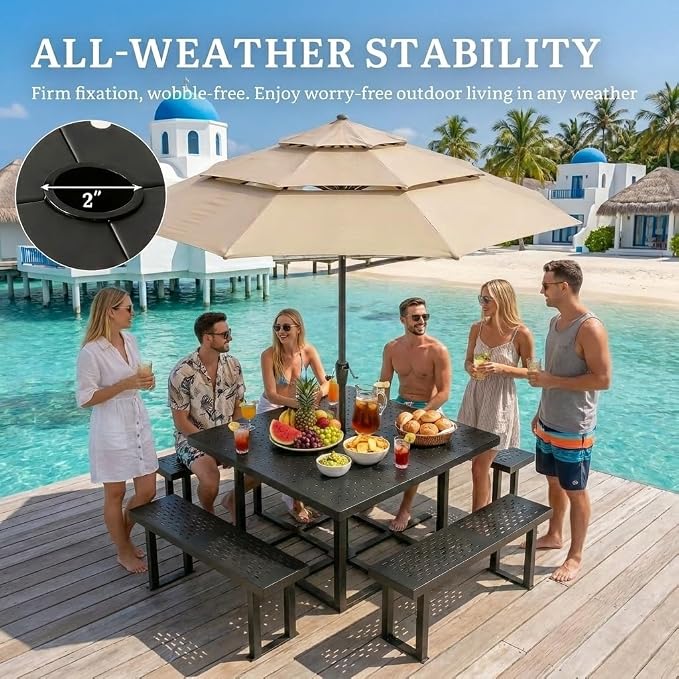 DWVO 38" Square Metal Picnic Table with Umbrella Hole - Heavy Duty Q235 Carbon Steel Outdoor Table Set for Patio, Backyard, and Lawn - Industrial Steel Construction