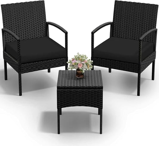 PROHIKER 3 PCS Patio Rattan Conversation Bistro Chairs Set, Outdoor Patio Furniture Wicker Bistro Set with Coffee Table for Garden Porch Balcony Yard Lawn, Black
