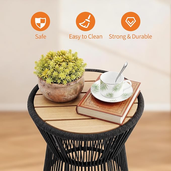 PeakPursuit Outdoor Side Table, Small End Table with Wooden Top, Woven Rope Round Coffee Tables for Patio Balcony Poolside