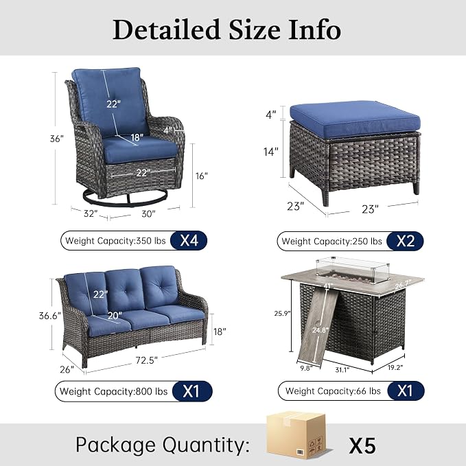 8 Piece Patio Furniture Set with 41" Fire Pit Table - Patio Conversation Set with 4 Inch Thick Cushions and Deep Seating Swivel Glider Chairs Set of 4 & Outdoor Couch for Porch Deck Yard Pool