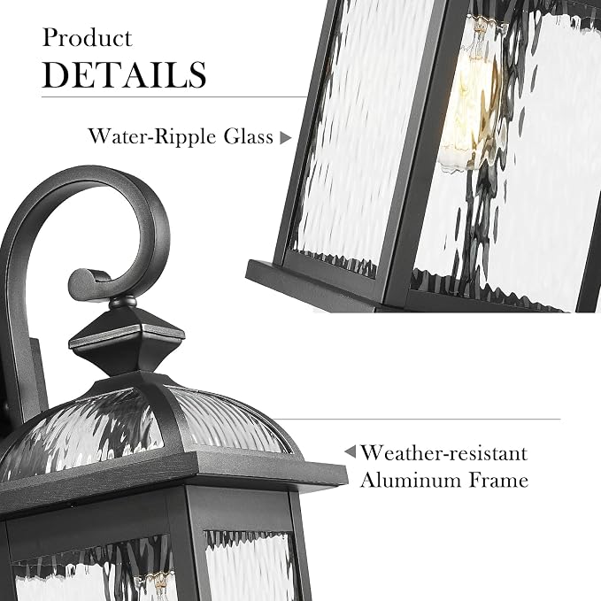Darkaway Outdoor Lights Fixture Wall Mount, Large 22inch Exterior Wall Light with Water Ripple Glass Waterproof Black Outside Wall Sconce for House Porch Hallway Garage
