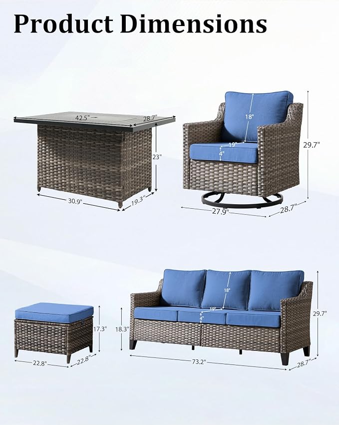 Outdoor Furniture Set of 6, Patio Sofa with Luxury 4" Cushion, Wicker Swivel Rocker Patio Chairs, and Fire Pit Table, High Back&Deep Seat for Garden Deck Porch Balcony Backyard - Blue