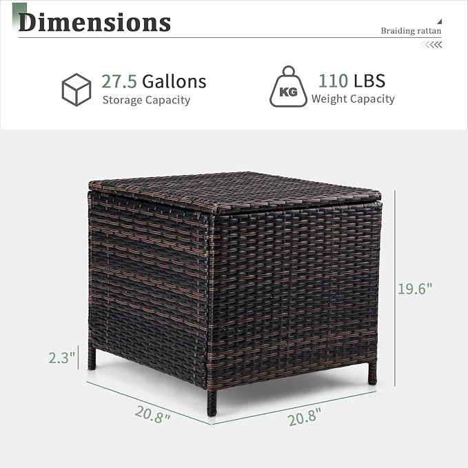 Outvita Outdoor Side Table, Rattan Coffee Table with Storage 27 Gallon Patio Small Deck Storage Box for Cushion Towel Books, Brown Side Table with lid