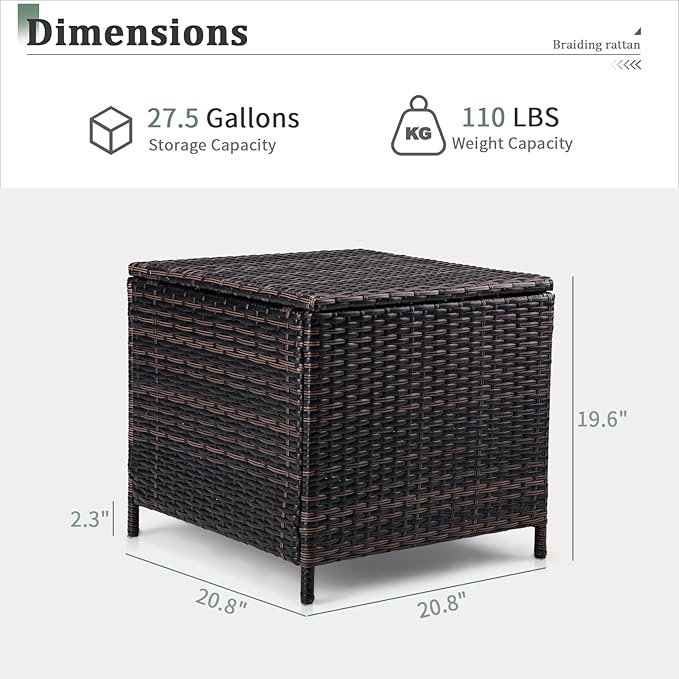 Outdoor Wicker Storage Side Table, Patio Brown PE Rattan End Table with Storage, Square Container for Furniture Covers, Toys, and Gardening Tools (Brown)