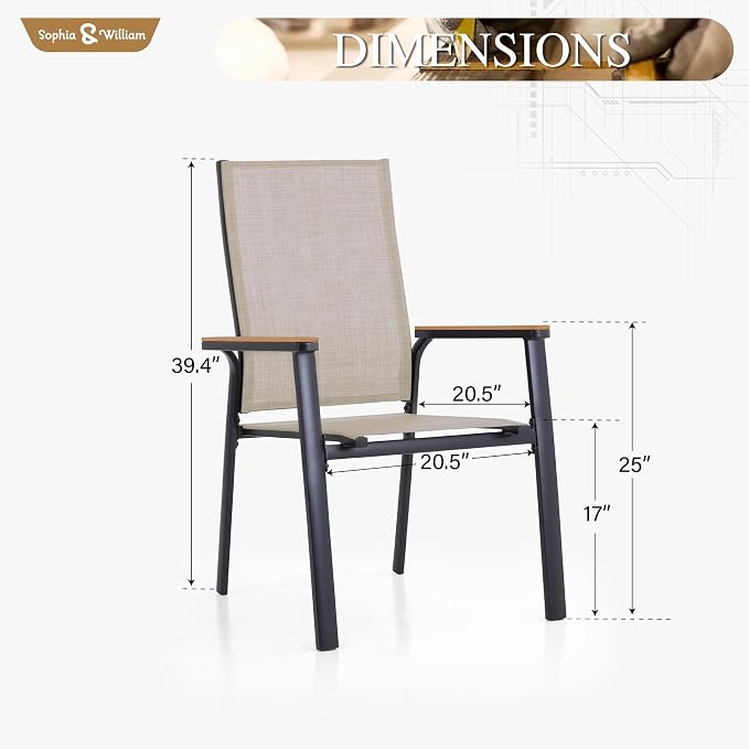 Sophia & William Patio Dining Chairs Set of 8, Stackable Aluminuum Frame | Beige textilene, Weather-resistant, light-weight & space-saving, Breathable & quick-drying, Outdoor deck backyard porch
