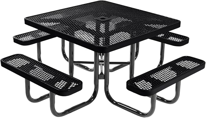 COATEDOUTDOORFURNITURE Heavy-Duty Portable Outdoor Picnic Table with Umbrella Hole, Expanded Metal Commercial-Grade Patio Dining Furniture Made in America (46" Square Top, Black)
