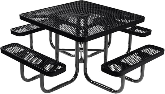 COATEDOUTDOORFURNITURE Heavy-Duty Portable Outdoor Picnic Table with Umbrella Hole, Expanded Metal Commercial-Grade Patio Dining Furniture Made in America (46" Square Top, Black)