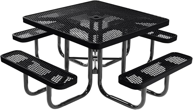 COATEDOUTDOORFURNITURE Heavy-Duty Portable Outdoor Picnic Table with Umbrella Hole, Expanded Metal Commercial-Grade Patio Dining Furniture Made in America (46" Square Top, Black)
