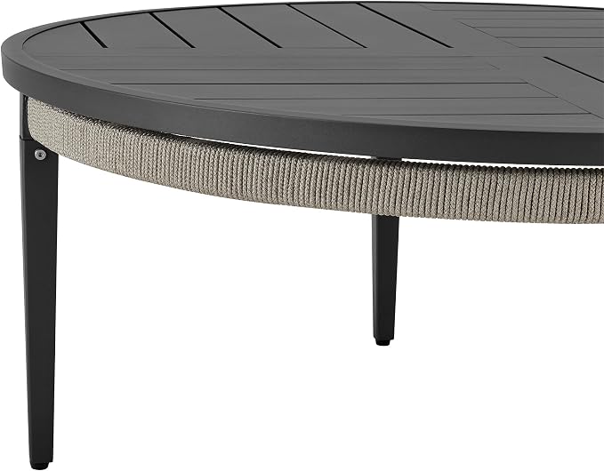 Armen Living Zella Round Coffee Table in Aluminum with Charcoal Finish and Light Gray Rope