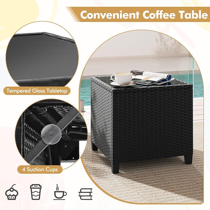 HAPPYGRILL 3 Pieces Wicker Patio Conversation Set, PE Rattan Bistro Sofa Set with Tempered Glass Coffee Table, Washable Cushions, Outdoor Furniture Set for Garden Poolside Balcony (Off White)