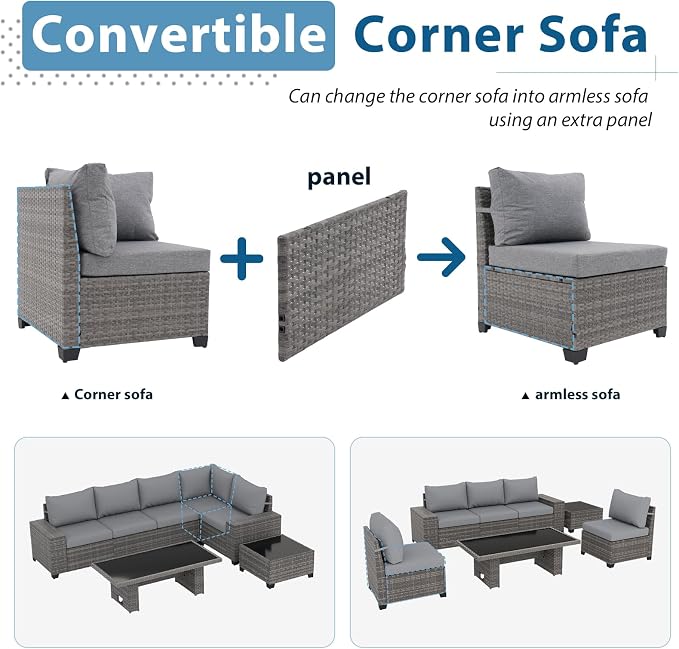 JOIVI 7 Piece Outdoor Patio Furniture Set with Adjustable Height Dining Table, Rattan Outdoor Sectional Sofa Conversation Set, PE Wicker L-Shaped Patio Furniture for Garden, Backyard, Deck, Gray