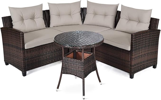 HAPPYGRILL 4 Pieces Rattan Patio Conversation Set, Outdoor Wicker Furniture Set with Cushioned Sofas and Coffee Table, L-Shape Sectional Curved Sofa Set for Garden Poolside Balcony