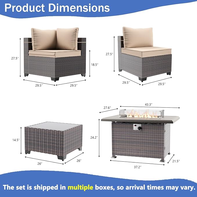 15 Pieces Outdoor Patio Furniture Set,Outdoor Sectional Furniture with 43" 55000 BTU Gas Propane Fire Pit Table,All Weather PE Rattan Wicker Patio Conversation Set,Sand