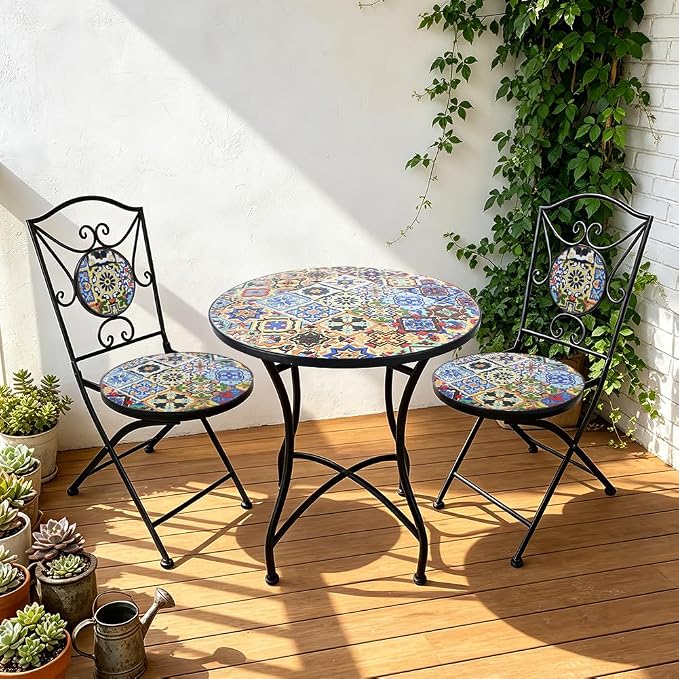 3 Piece Bistro Sets Mosaic Tile Round Table Folding Chairs Garden | Set of 3 Patio Furniture 23.6" Table and 2 Chairs Outdoor Bistro Chairs Artistic Table for Balcony Porch Apartment Backyard