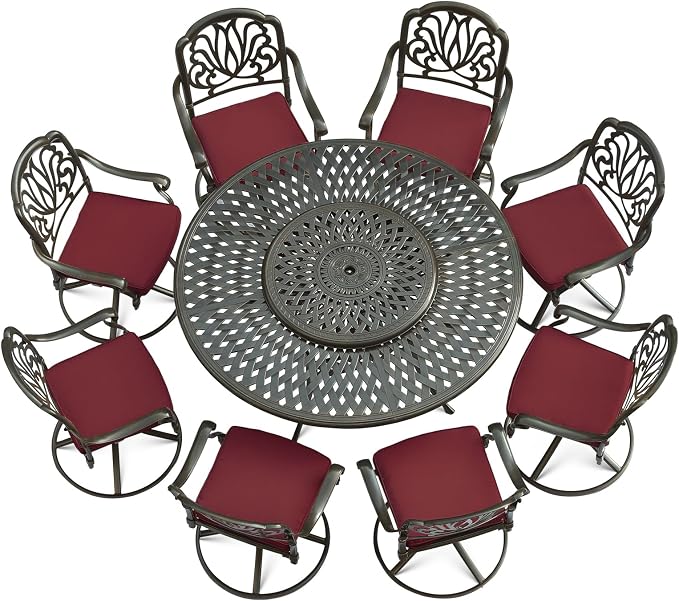 VIVIJASON 9-Piece Patio Dining Set, Rust-Free Cast Aluminum Outdoor Conversation Set, Includes 8 Swivel Dining Chairs & 61" Round Dining Table with 31" Lazy Susan, Umbrella Hole, Red