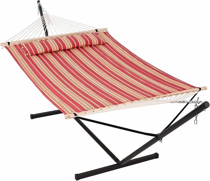ANOW Outdoor Hammock with Stand 12FT, Heavy Duty Hammocks with Stand Included, 450 LBS Weight Capacity, Red Stripes