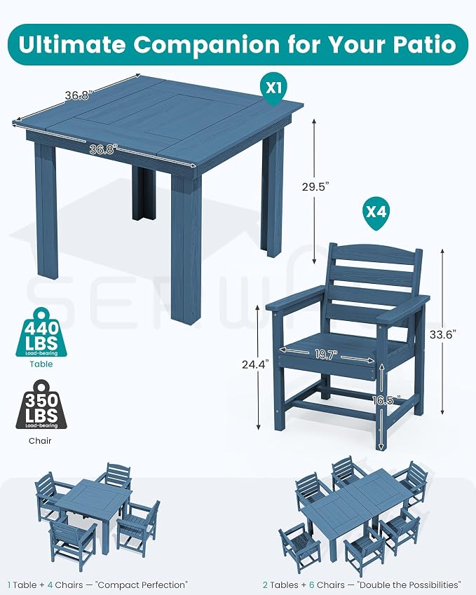 SERWALL HDPE Outdoor Square Dining Set for 4 | with Armchair Seat