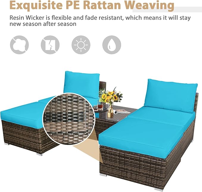DORTALA Wicker Patio Furniture Set 5 Piece, Outdoor Conversation Sets with Chairs, Ottomans, Tempered Glass Table, Cushions, All Weather Rattan Sofa Couch for Balcony, Porch, Backyard, Deck, Turquoise
