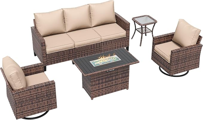 Amopatio Patio Furniture Set with Fire Pit Table, Wicker Outdoor Sectional Sofa with Swivel Rocker Chairs, All-Weather Rattan Conversation Set, Waterproof Cover for Backyard, Deck Brown/Khak 5 PCS
