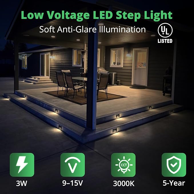 6 Pack Low Voltage LED Stair Light, Surface Mount Outdoor Step Lights with Horizontal Louvered Faceplate for Steps Decks Pathway Stairs Fences, 12V 3W 3000K, IP66 Rated Waterproof, Aluminum