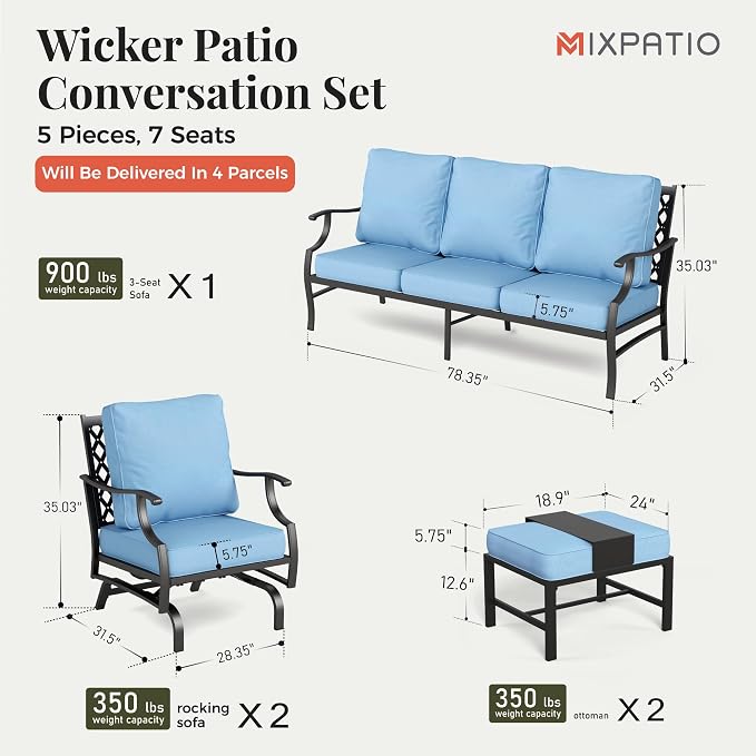 MIXPATIO Patio Furniture Set 5 pcs, Outdoor Patio Furniture, 3-Seat Sofa, 2 Rocking Chairs, 2 Ottomans and 5.75" Extra Thick Cushion, Patio Conversation Set for Garden Backyard Deck,Blue