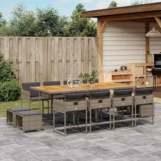 13 Piece Patio Dining Set with Cushions, 12-Seater Garden Furniture for Backyard, Gray Poly Rattan Table and Chairs with Space-Saving Foldable Design
