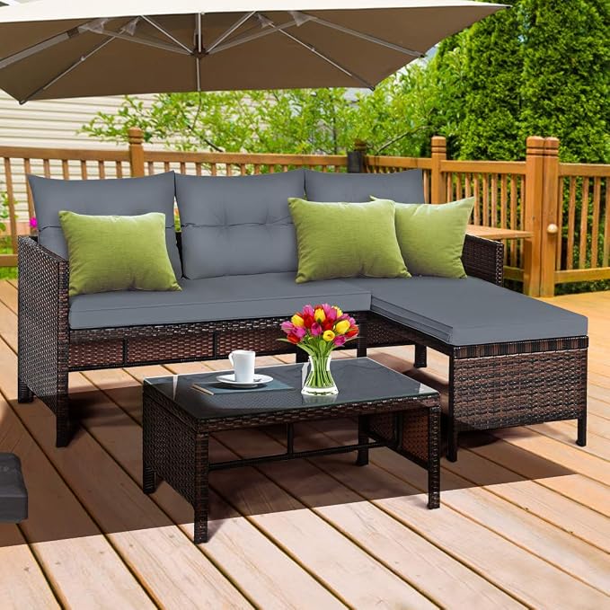 DORTALA Wicker Patio Furniture Set Couch 3 Piece, L-Shaped PE Rattan Outdoor Sectional Sofa Conversation Set with Loveseat, Lounge and Tempered Glass Coffee Table for Garden Lawn Deck, Grey