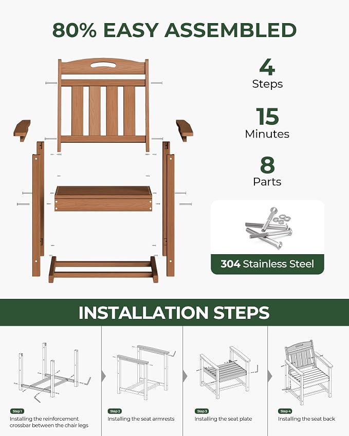 Outdoor Patio Dining, All-Weather HDPE Chair Fade-Resistant, and Low Maintenance for Backyard, Garden, or Patio, Teak