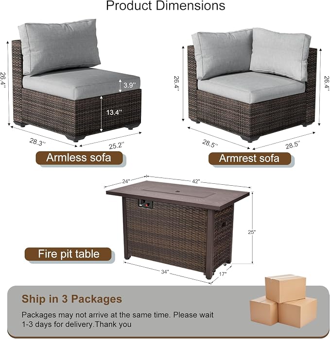 7-Pieces Patio Furniture Sets Outdoor Sectional Sofa with 44'' Propane Rattan Wicker Firepit Table, Patio Sectional Conversation Set with Cushions for Backyard, Poolside, Garden Grey