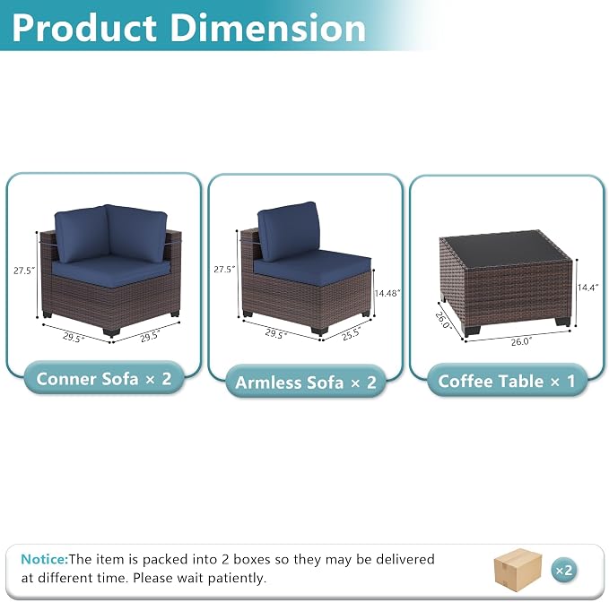ALAULM 5 Pieces Patio Furniture Set Wicker Patio Conversation Set, Outdoor Sectional Furniture w/Coffee Table & Washable Seat Cushions-Dark Blue