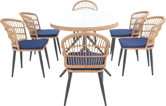 SAFAVIEH Outdoor Collection Genser Natural Rattan/Navy Blue Cushion 7-Piece Patio Backyard Dining Set