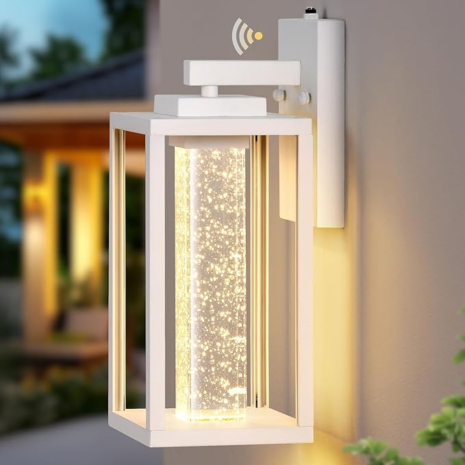 VIANIS White Exterior Lighting Fixtures for House, Large Dusk to Dawn Outdoor Wall Sconce Lantern for Porch, Outdoor Garage Lights Wall Mount with Integrated 10W LED Light Source Crystal Bubble Glass