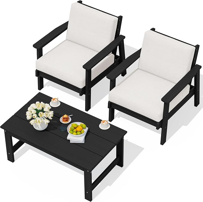 SERWALL HDPE Outdoor Couch, Black Frame and Khaki Cushion