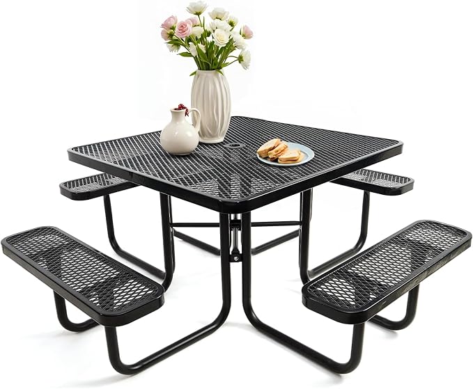 47'' Heavy Duty Picnic Square Table with 4 Benches, Up to 8 People Expanded Meta Outdoor Patio Dining Table with Umbrealla Hole, Outdoor Bench Set Steel Mesh Dining Furniture for Garden, Lawn, Patio