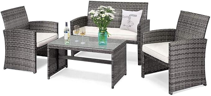 DORTALA 4 Piece Patio Furniture Set, Outdoor Wicker Conversation Set with Soft Cushions & Tempered Glass Coffee Table, Rattan Patio Sofa Bistro Sets for Courtyard Balcony, Beige