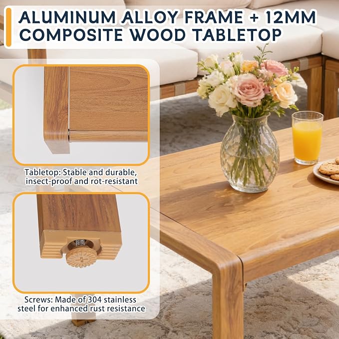 4-Piece Outdoor Patio Furniture Set, All-Aluminum Frame with Wood Grain Finish, Cushioned Loveseat, 2 Armchairs & Plastic Wood Coffee Table, Modern Patio Seating for Backyard & Balcony